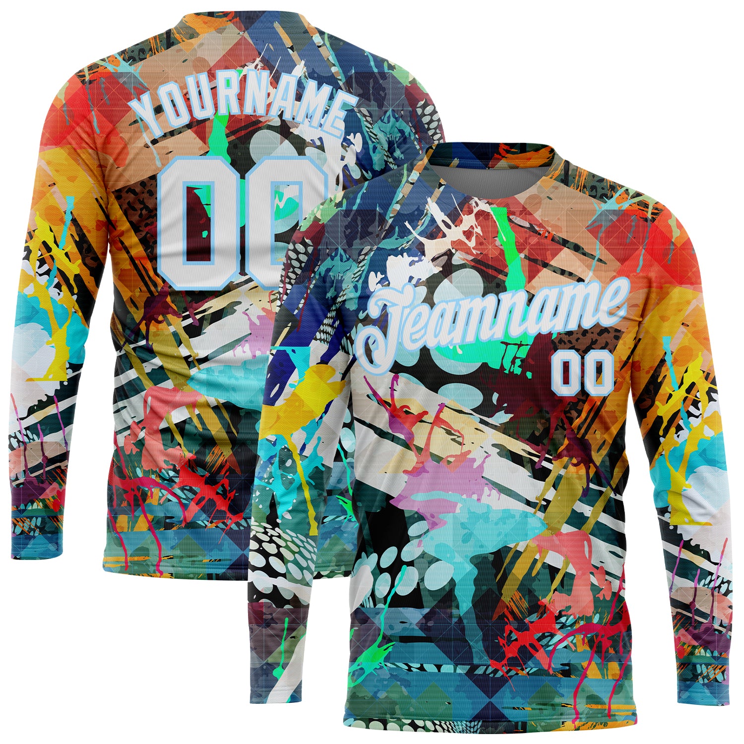 Custom Graffiti Pattern White-Light Blue Colored Abstract 3D Long Sleeve Performance T-Shirt Custom Graffiti Pattern 3D Abstract Long Sleeve Performance T-Shirt in White and Light Blue Custom Graffiti Pattern White-Light - Image 1