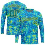 Custom Graffiti Pattern Long Sleeve Performance T-Shirt in White and Light Blue Custom Graffiti Pattern White-Light Blue