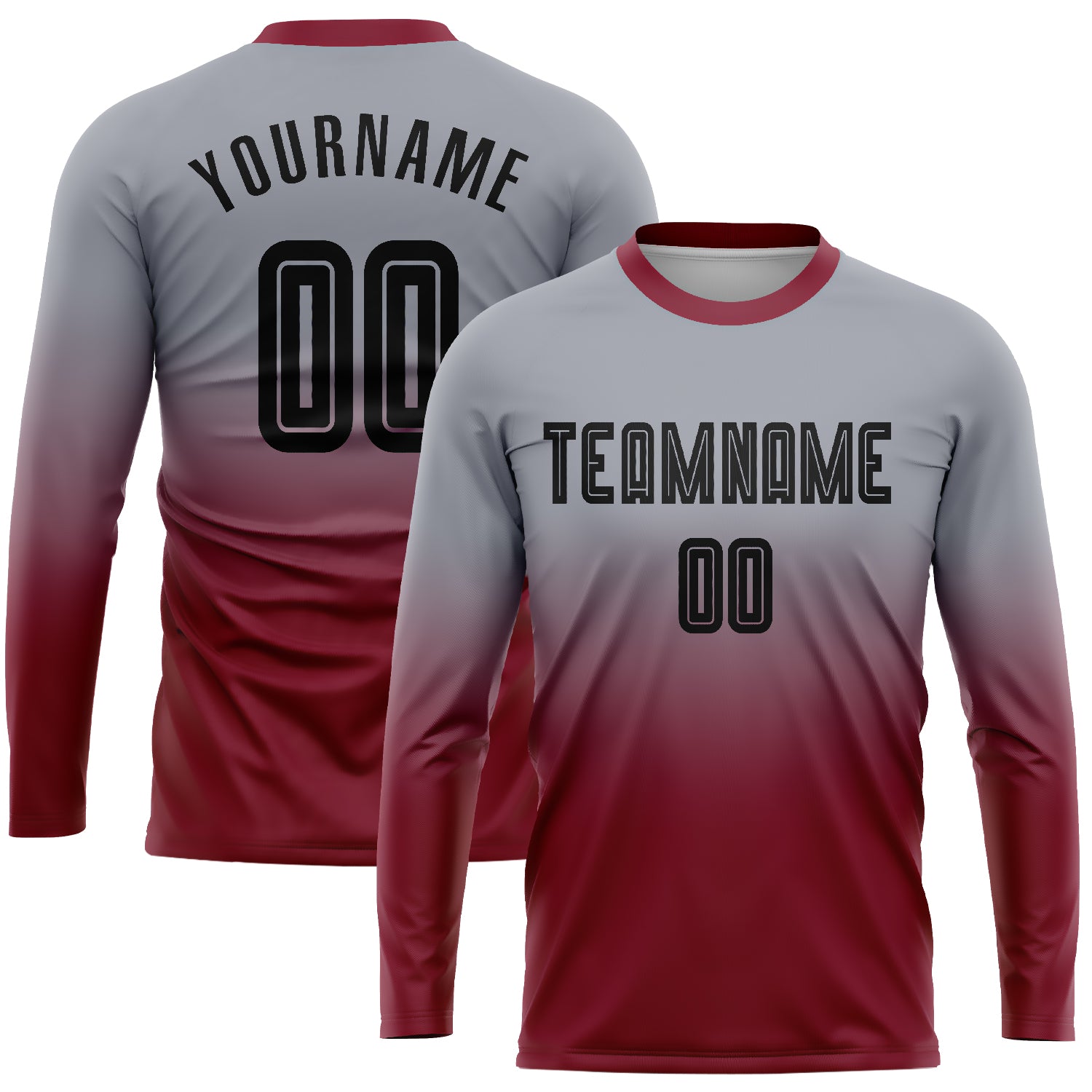 Custom Gray Black Crimson Soccer Jersey Long Sleeve Fade Fashion Uniform Custom Gray Black-Crimson Sublimation Long Sleeve