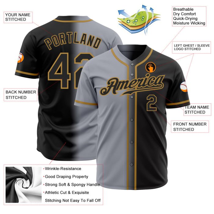 Custom Gray Black Old Gold Fade Baseball Jersey - Authentic Fashion Design Custom Gray Black-Old Gold Authentic Fade Fashion - Image 2