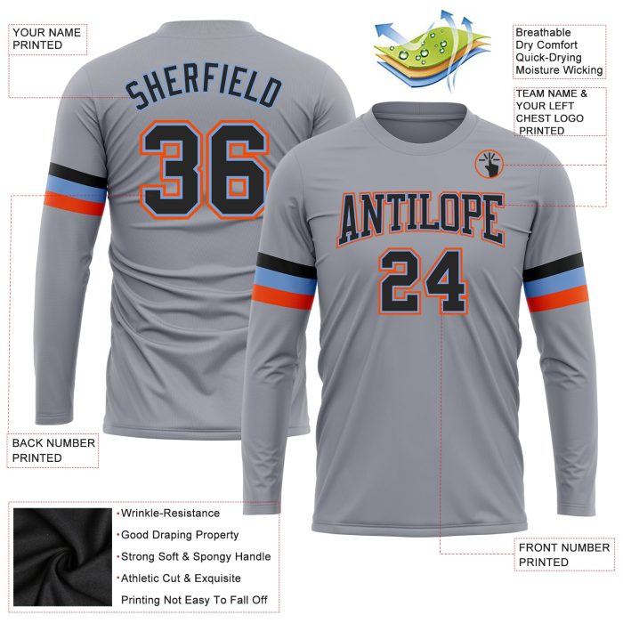 Custom Performance Long Sleeve T-Shirt in Gray, Black, Powder Blue & Orange Custom Gray Black Powder Blue-Orange Long Sleeve - Image 3