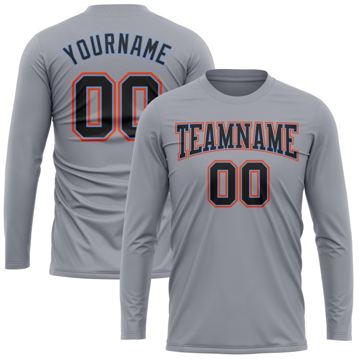 Custom Performance Long Sleeve T-Shirt in Gray, Black, Powder Blue & Orange Custom Gray Black Powder Blue-Orange Long Sleeve - Image 2