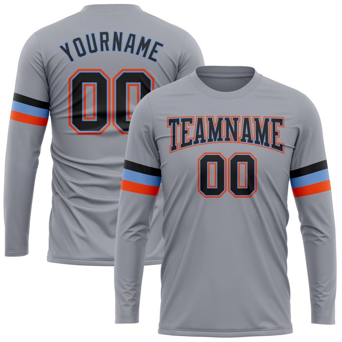Custom Performance Long Sleeve T-Shirt in Gray, Black, Powder Blue & Orange Custom Gray Black Powder Blue-Orange Long Sleeve - Image 1