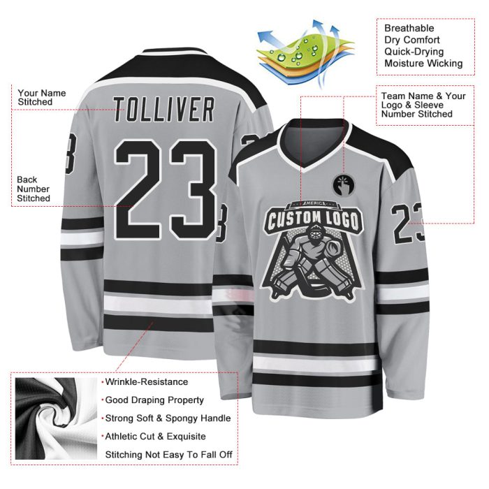 Custom Hockey Jersey - Gray Black and White Design, Personalized Team Jersey Custom Gray Black-White Hockey Jersey - Image 3