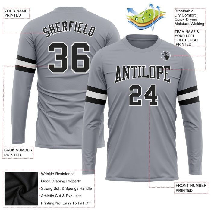 Custom Long Sleeve Performance T-Shirt in Gray and Black-White for Men and Women Custom Gray Black-White Long Sleeve Performance - Image 3