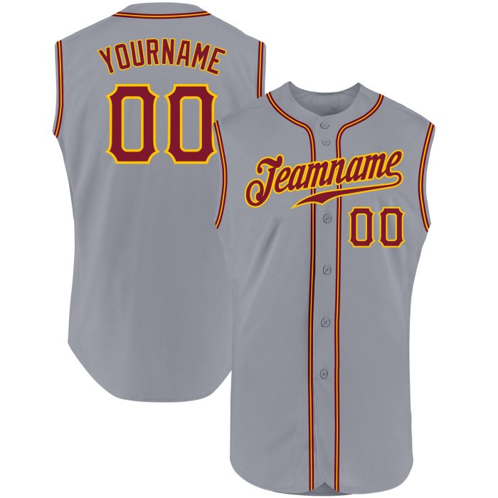 Custom Gray Crimson Gold Sleeveless Baseball Jersey - Authentic Sports Apparel Custom Gray Crimson-Gold Authentic Sleeveless - Image 1