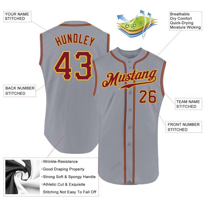 Custom Gray Crimson Gold Sleeveless Baseball Jersey - Authentic Sports Apparel Custom Gray Crimson-Gold Authentic Sleeveless - Image 2