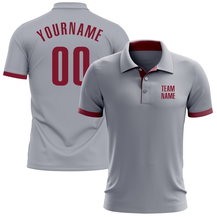 Custom Gray Crimson Performance Golf Polo Shirt for Men - Breathable Activewear Custom Gray Crimson Performance Golf Polo - Image 1