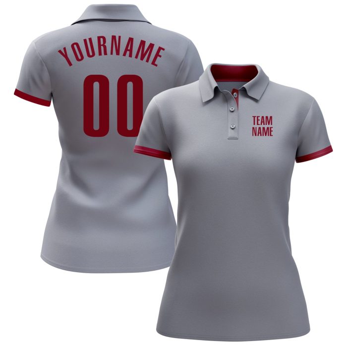 Custom Gray Crimson Performance Golf Polo Shirt for Men - Breathable Activewear Custom Gray Crimson Performance Golf Polo - Image 2