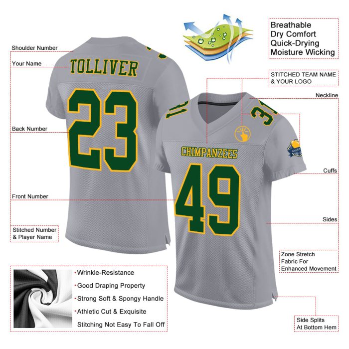 Custom Gray Green Gold Mesh Football Jersey - Authentic Sports Apparel Custom Gray Green-Gold Mesh Authentic Football Jersey - Image 2