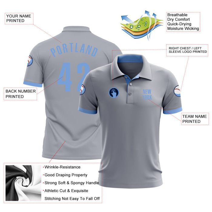 Performance Golf Polo Shirt in Custom Gray Light Blue for Men Custom Gray Light Blue Performance Golf Polo Shirt - Image 3