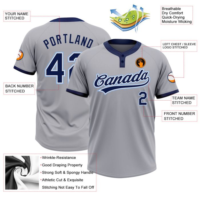 Custom Softball Jersey Unisex Two-Button Gray Navy Powder Blue Lightweight Apparel Custom Gray Navy-Powder Blue Two-Button - Image 3