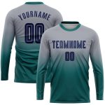Custom Gray Navy Teal Soccer Uniform Jersey - Long Sleeve Fade Fashion Design Custom Gray Navy-Teal Sublimation Long Sleeve