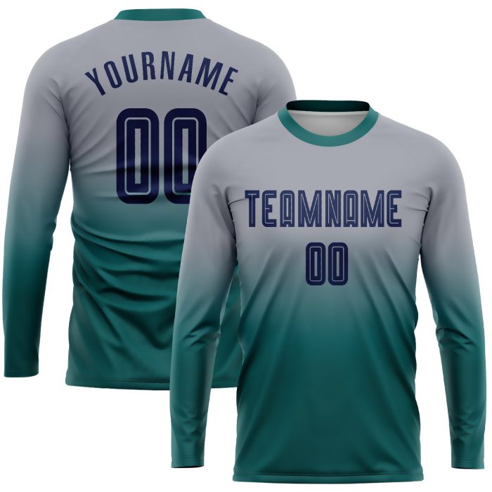Custom Gray Navy Teal Soccer Uniform Jersey - Long Sleeve Fade Fashion Design Custom Gray Navy-Teal Sublimation Long Sleeve - Image 1
