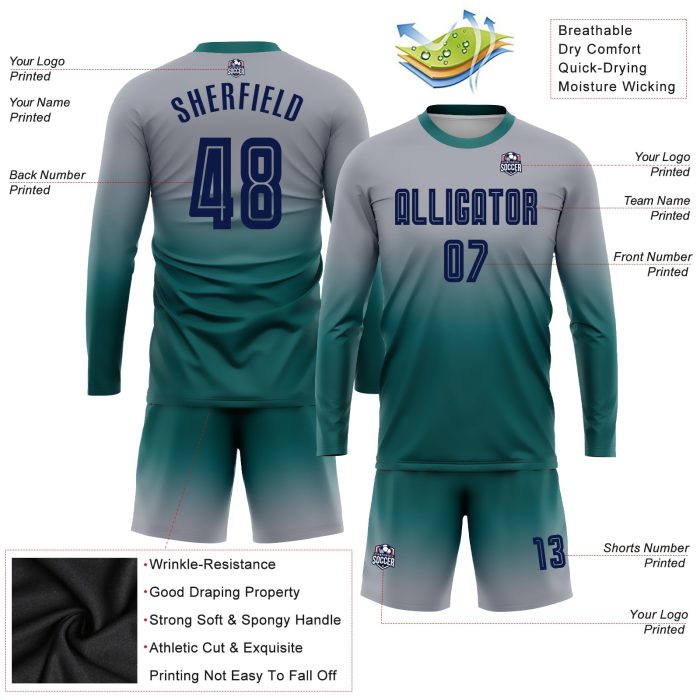 Custom Gray Navy Teal Soccer Uniform Jersey - Long Sleeve Fade Fashion Design Custom Gray Navy-Teal Sublimation Long Sleeve - Image 3
