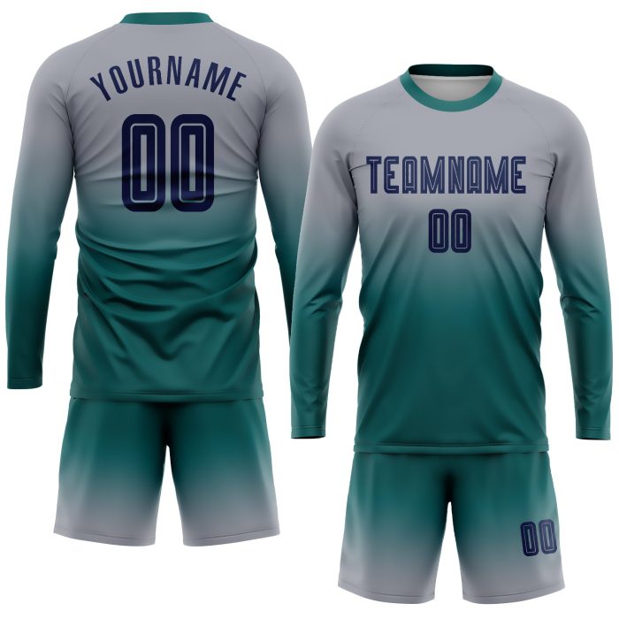 Custom Gray Navy Teal Soccer Uniform Jersey - Long Sleeve Fade Fashion Design Custom Gray Navy-Teal Sublimation Long Sleeve - Image 2