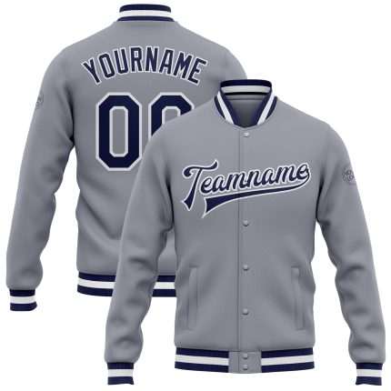 Custom Varsity Letterman Jacket Gray Navy White Full-Snap Bomber Custom Gray Navy-White Bomber Full-Snap Varsity Letterman
