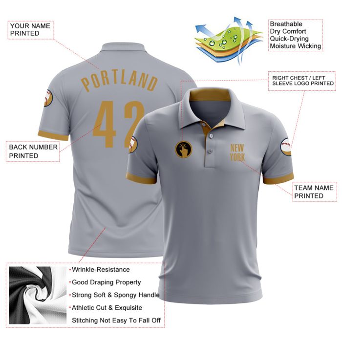 Custom Gray Old Gold Performance Golf Polo for Men - Stylish Golf Shirt Custom Gray Old Gold Performance Golf Polo Shirt - Image 3
