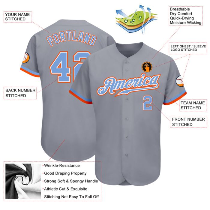 Authentic Custom Baseball Jersey in Gray, Powder Blue, White, and Orange Custom Gray Powder Blue White-Orange Authentic Baseball - Image 3