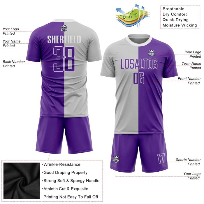 Custom Sublimation Soccer Jersey Gray Purple White Split Fashion Uniform Custom Gray Purple-White Sublimation Split Fashion - Image 3