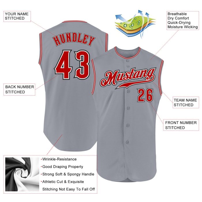 Custom Gray Red Black Authentic Baseball Jersey Sleeveless for Men Custom Gray Red-Black Authentic Sleeveless Baseball Jersey - Image 2