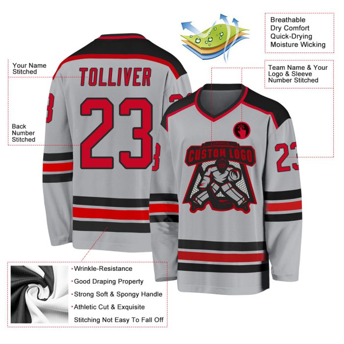 Custom Red Black Gray Hockey Jersey - Personalized Sports Apparel Custom Gray Red-Black Hockey Jersey - Image 3