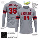 Custom Performance T-Shirt for Men, Long Sleeve in Gray with Red and Navy - Athletic Wear Custom Gray Red-Navy Long Sleeve - Image 3