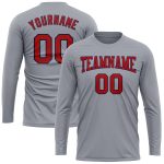 Custom Performance T-Shirt for Men, Long Sleeve in Gray with Red and Navy - Athletic Wear Custom Gray Red-Navy Long Sleeve - Image 2