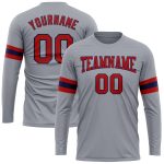 Custom Performance T-Shirt for Men, Long Sleeve in Gray with Red and Navy - Athletic Wear Custom Gray Red-Navy Long Sleeve