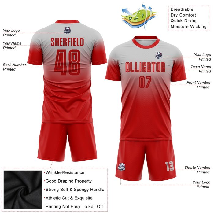 Custom Gray Red Soccer Jersey - Fade Fashion Sublimation Uniform Custom Gray Red Sublimation Fade Fashion Soccer Uniform - Image 3