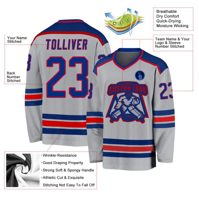 Custom Gray Red Hockey Jersey - Personalized Team Apparel, Sports Gear Custom Gray Royal-Red Hockey Jersey - Image 3