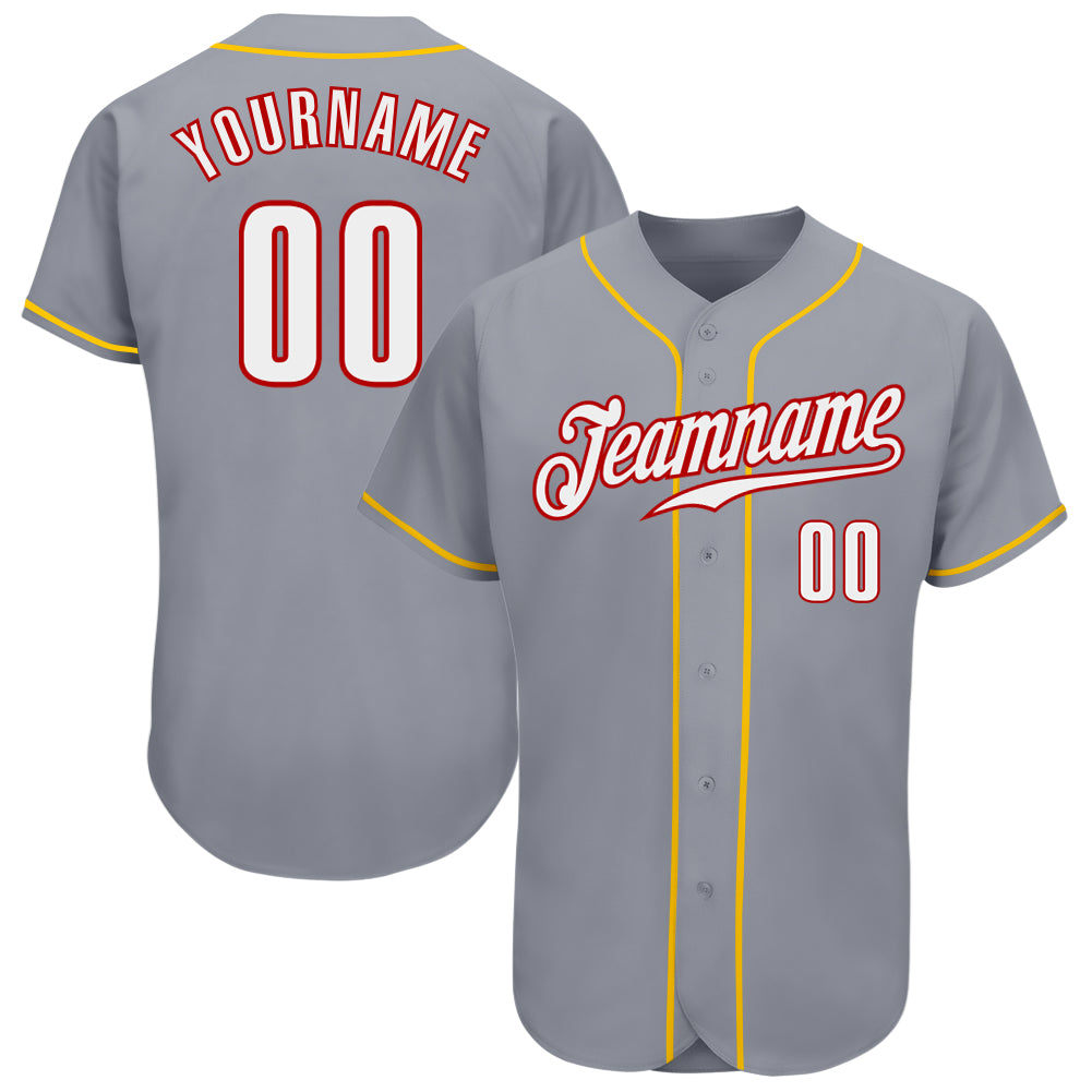 Custom Authentic Baseball Jersey in Gray White Red Gold Custom Gray White Red-Gold Authentic Baseball Jersey
