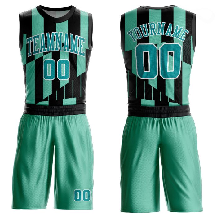 Custom Aqua Black Sublimation Basketball Jersey Round Neck Suit Custom Green Aqua-Black Round Neck Sublimation Basketball - Image 1