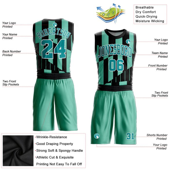 Custom Aqua Black Sublimation Basketball Jersey Round Neck Suit Custom Green Aqua-Black Round Neck Sublimation Basketball - Image 2