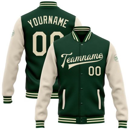 Custom Green Cream Bomber Varsity Letterman Jacket Full-Snap Two Tone Design Custom Green Cream Bomber Full-Snap Varsity