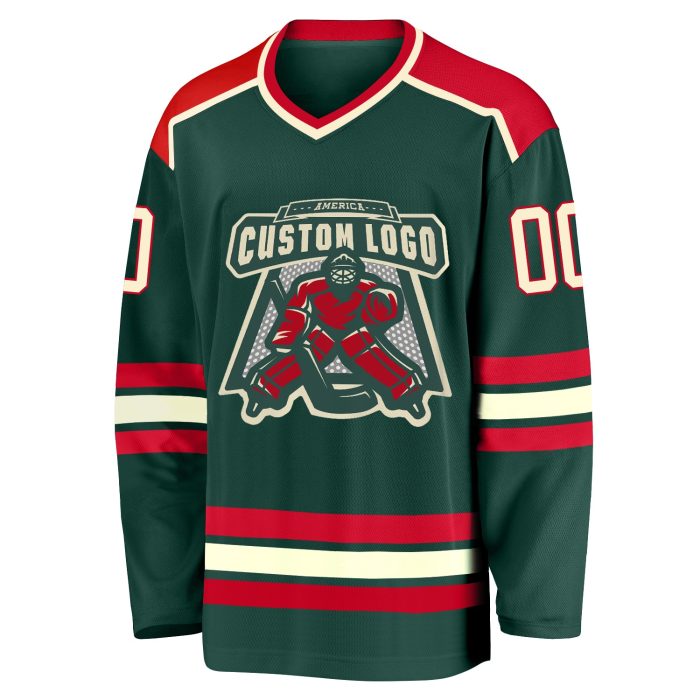 Custom Green Cream Red Hockey Jersey for Men and Women - Personalized Sports Apparel Custom Green Cream-Red Hockey Jersey - Image 2