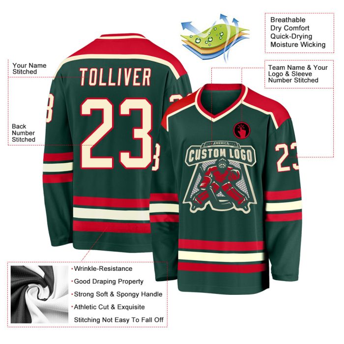 Custom Green Cream Red Hockey Jersey for Men and Women - Personalized Sports Apparel Custom Green Cream-Red Hockey Jersey - Image 3