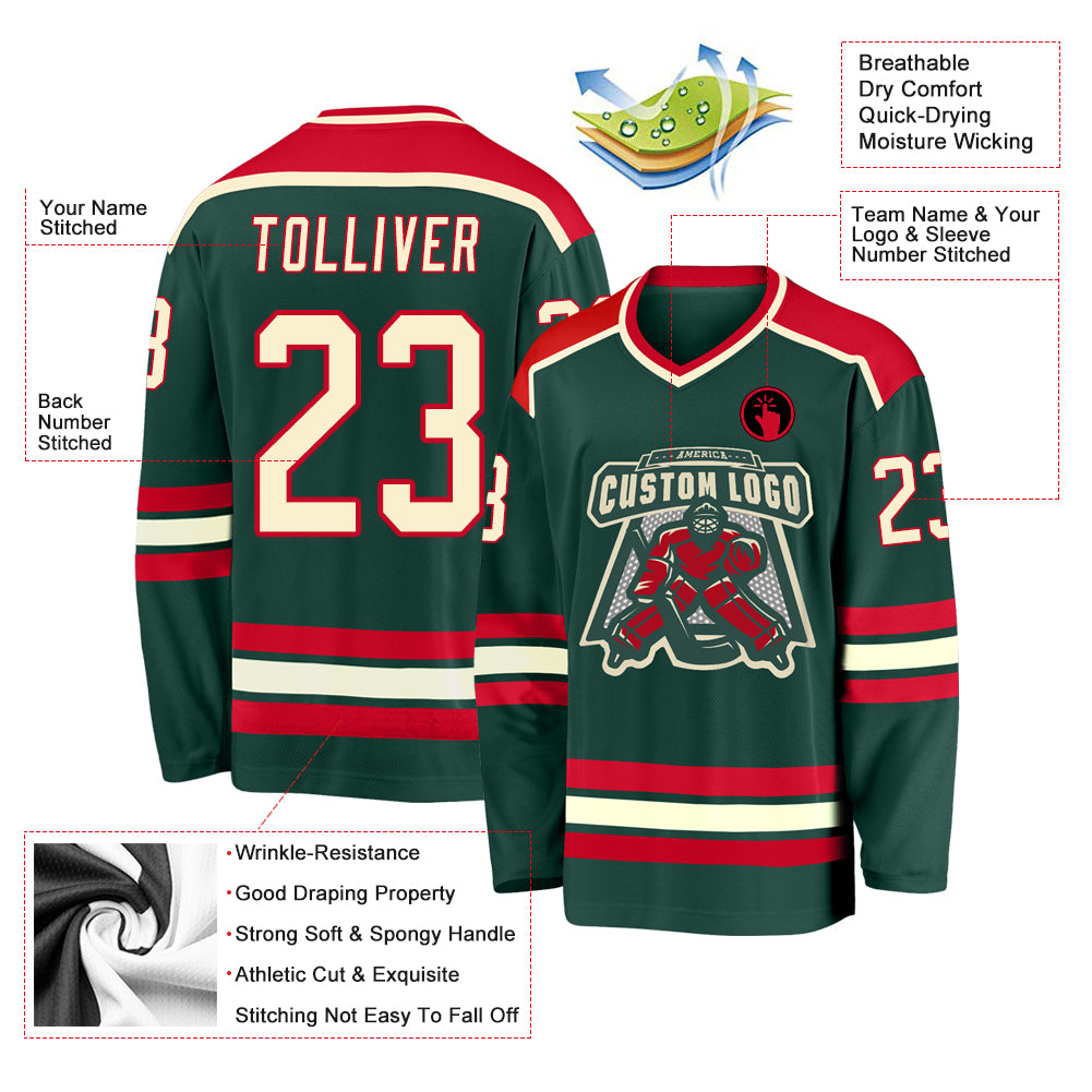 Custom Green Cream-Red Hockey Jersey Custom Green Cream Red Hockey Jersey for Men and Women - Personalized Sports Apparel Custom Green Cream-Red Hockey Jersey - Image 3