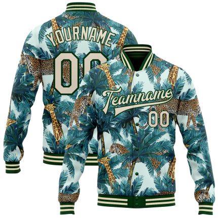 Custom Tropical Tiger Giraffe Bomber Jacket 3D Palm Pattern Full-Snap Varsity Letterman Custom Green Cream Tropical Tiger