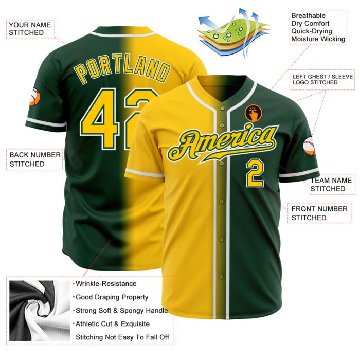 Custom Green & Gold Fade Baseball Jersey - Authentic Fashion Style Custom Green Gold-White Authentic Fade Fashion Baseball - Image 2