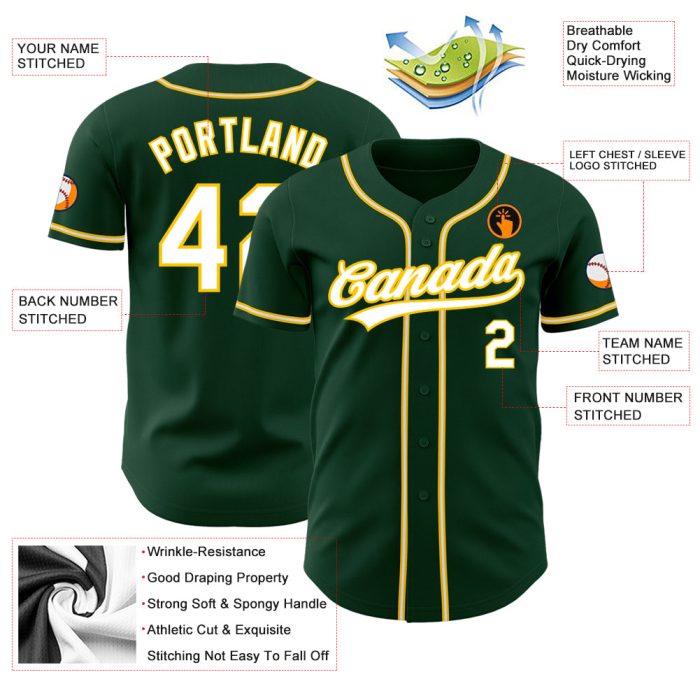Custom Green White Gold Baseball Jersey - Authentic Design for Fans Custom Green White-Gold Authentic Baseball Jersey - Image 3