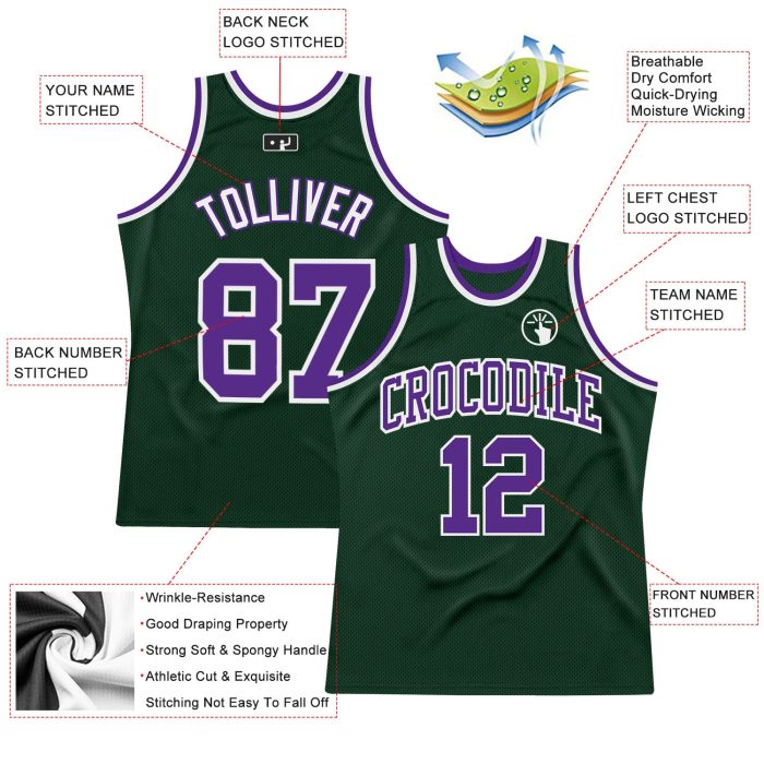 Hunter Green Purple White Custom Basketball Jersey - Authentic Throwback Design Custom Hunter Green Purple-White Authentic - Image 2