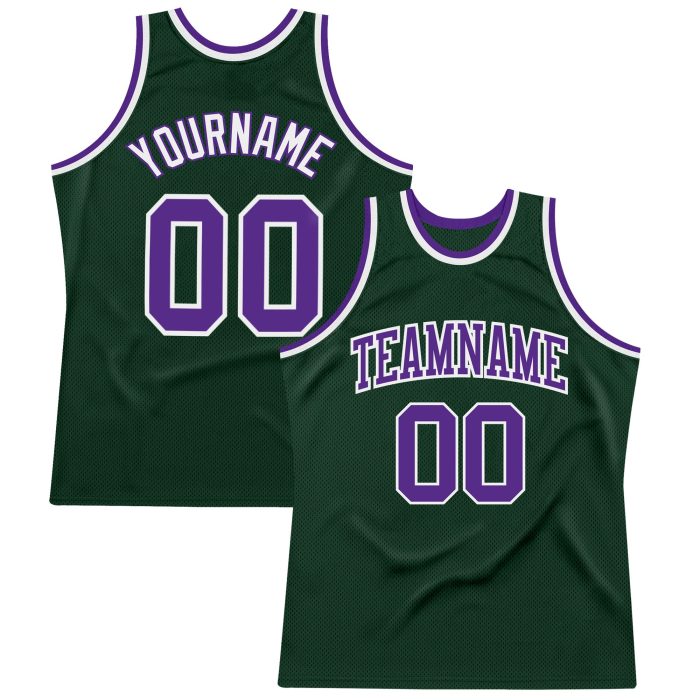 Hunter Green Purple White Custom Basketball Jersey - Authentic Throwback Design Custom Hunter Green Purple-White Authentic - Image 1
