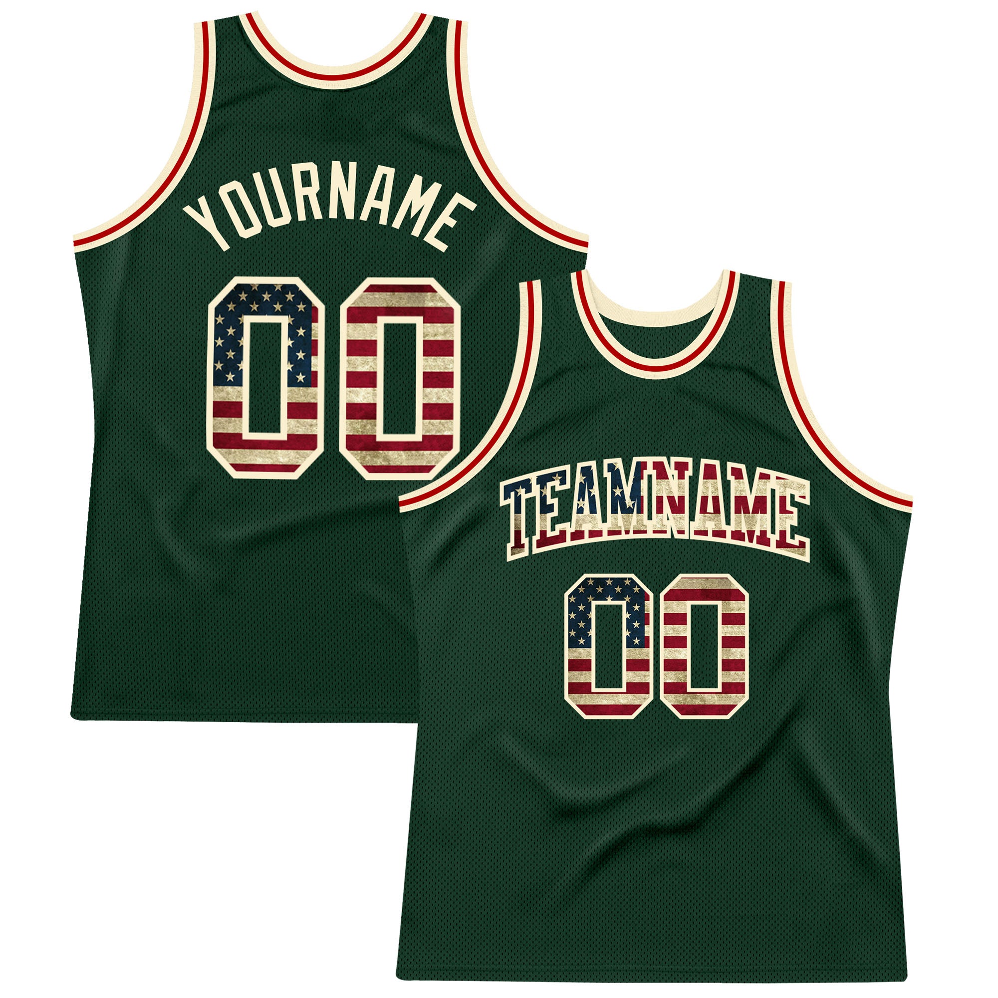 Custom Hunter Green Vintage USA Flag Basketball Jersey - Cream Authentic Throwback Custom Hunter Green Vintage USA Flag-Cream