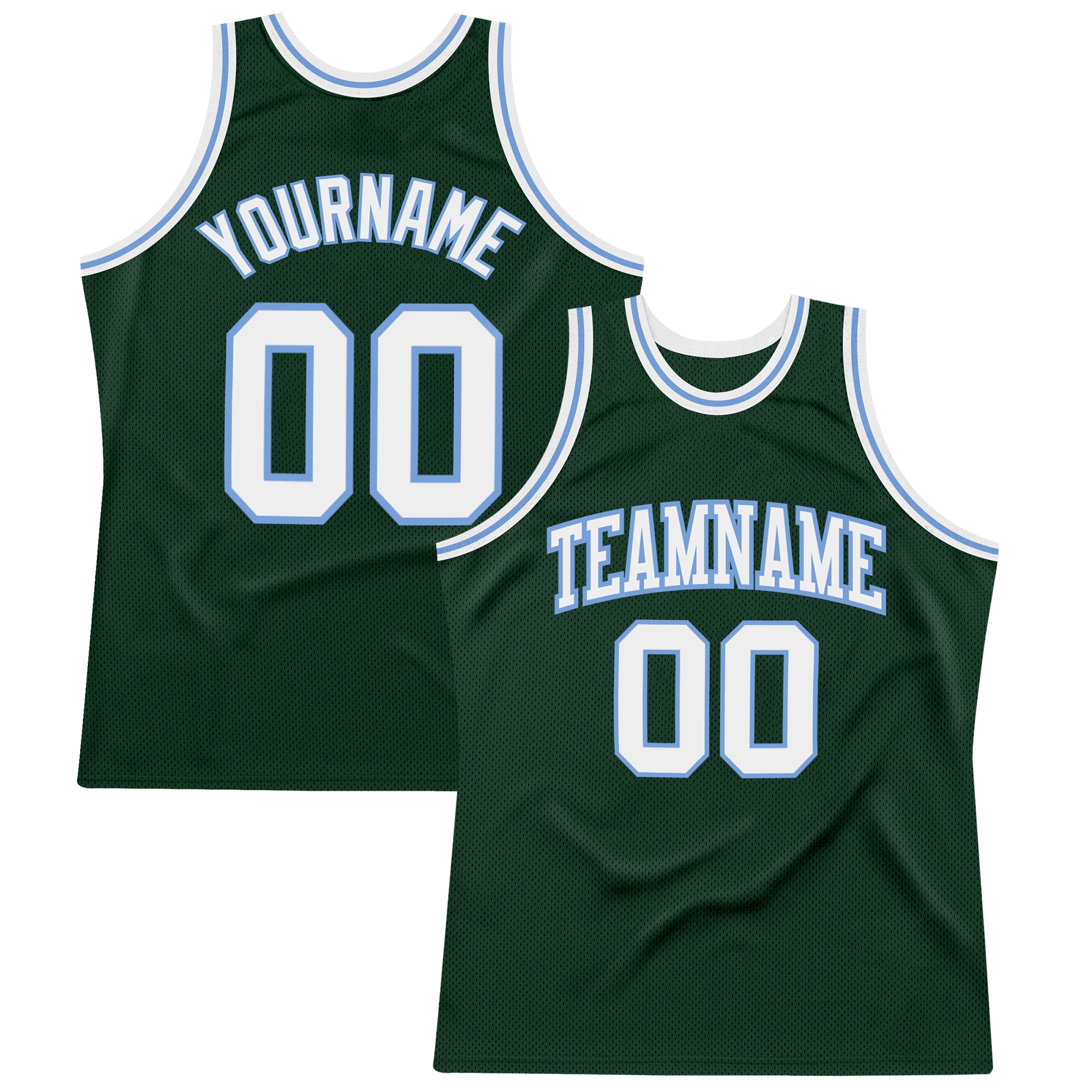 Custom Hunter Green White-Light Blue Authentic Throwback Basketball Jersey Authentic Throwback Basketball Jersey in Hunter Green, White & Light Blue - Custom Design Custom Hunter Green White-Light - Image 1
