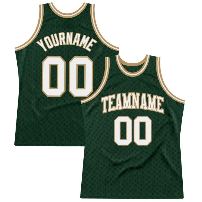 Hunter Green White-Old Gold Authentic Throwback Basketball Jersey - Custom Made Custom Hunter Green White-Old Gold Authentic - Image 1