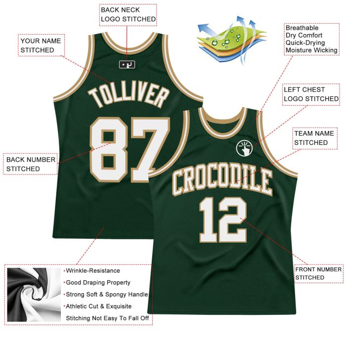 Hunter Green White-Old Gold Authentic Throwback Basketball Jersey - Custom Made Custom Hunter Green White-Old Gold Authentic - Image 2