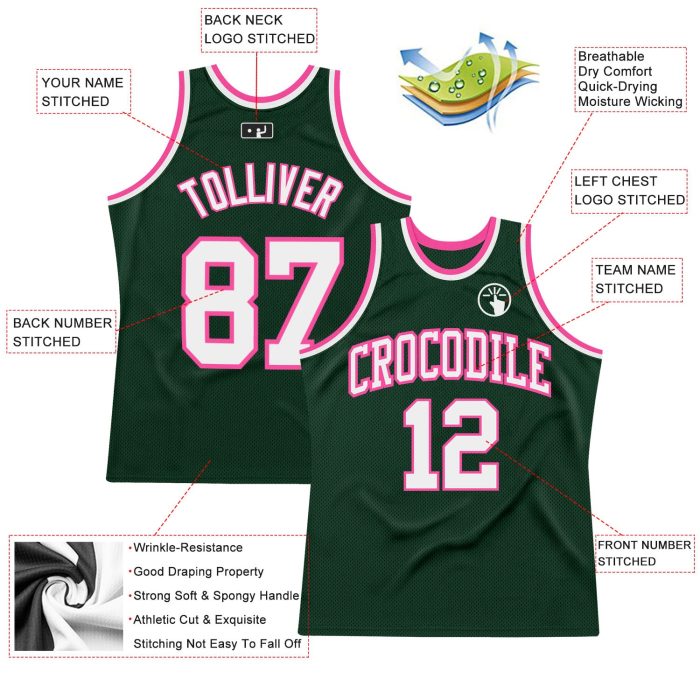 Hunter Green White-Pink Authentic Basketball Jersey, Custom Throwback Design Custom Hunter Green White-Pink Authentic Throwback - Image 2