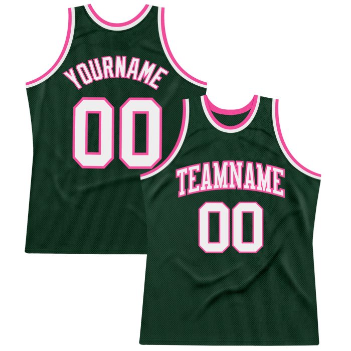 Hunter Green White-Pink Authentic Basketball Jersey, Custom Throwback Design Custom Hunter Green White-Pink Authentic Throwback - Image 1