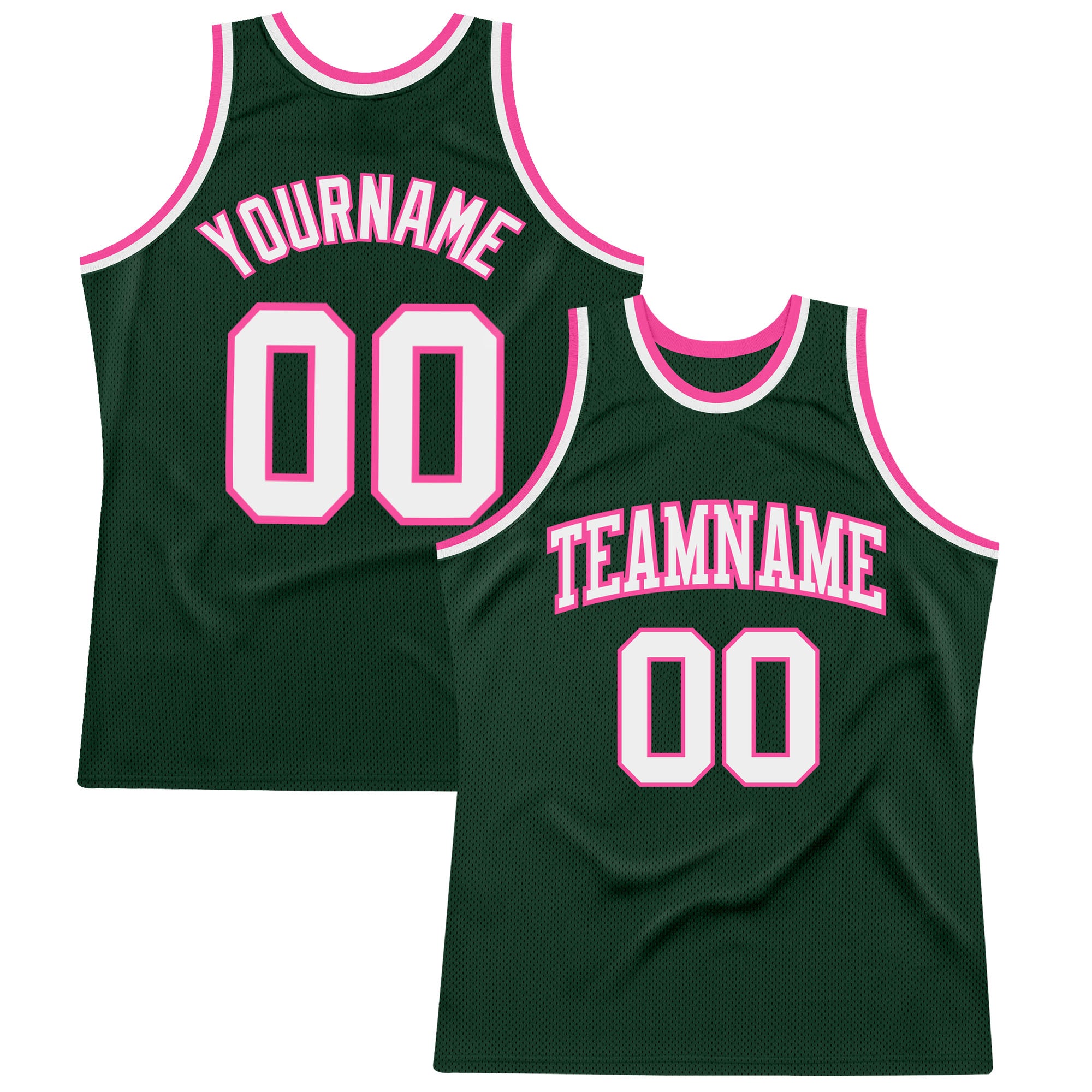 Custom Hunter Green White-Pink Authentic Throwback Basketball Jersey Hunter Green White-Pink Authentic Basketball Jersey, Custom Throwback Design Custom Hunter Green White-Pink Authentic Throwback - Image 1